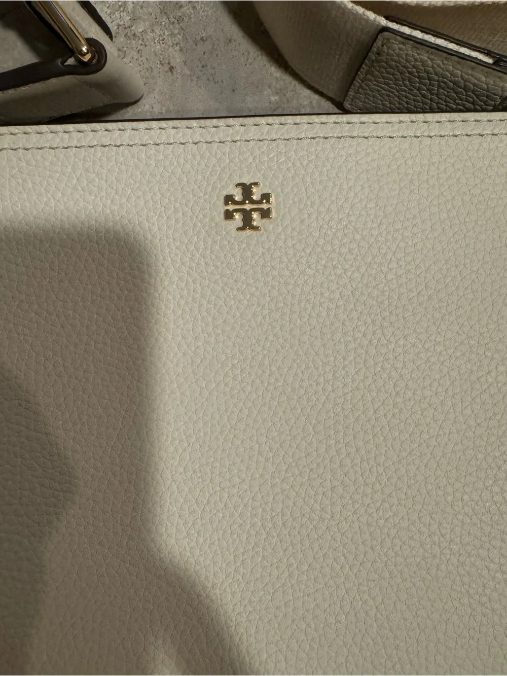 Tory Burch Off-White Pebbled Leather Crossbody with Canvas Strap
